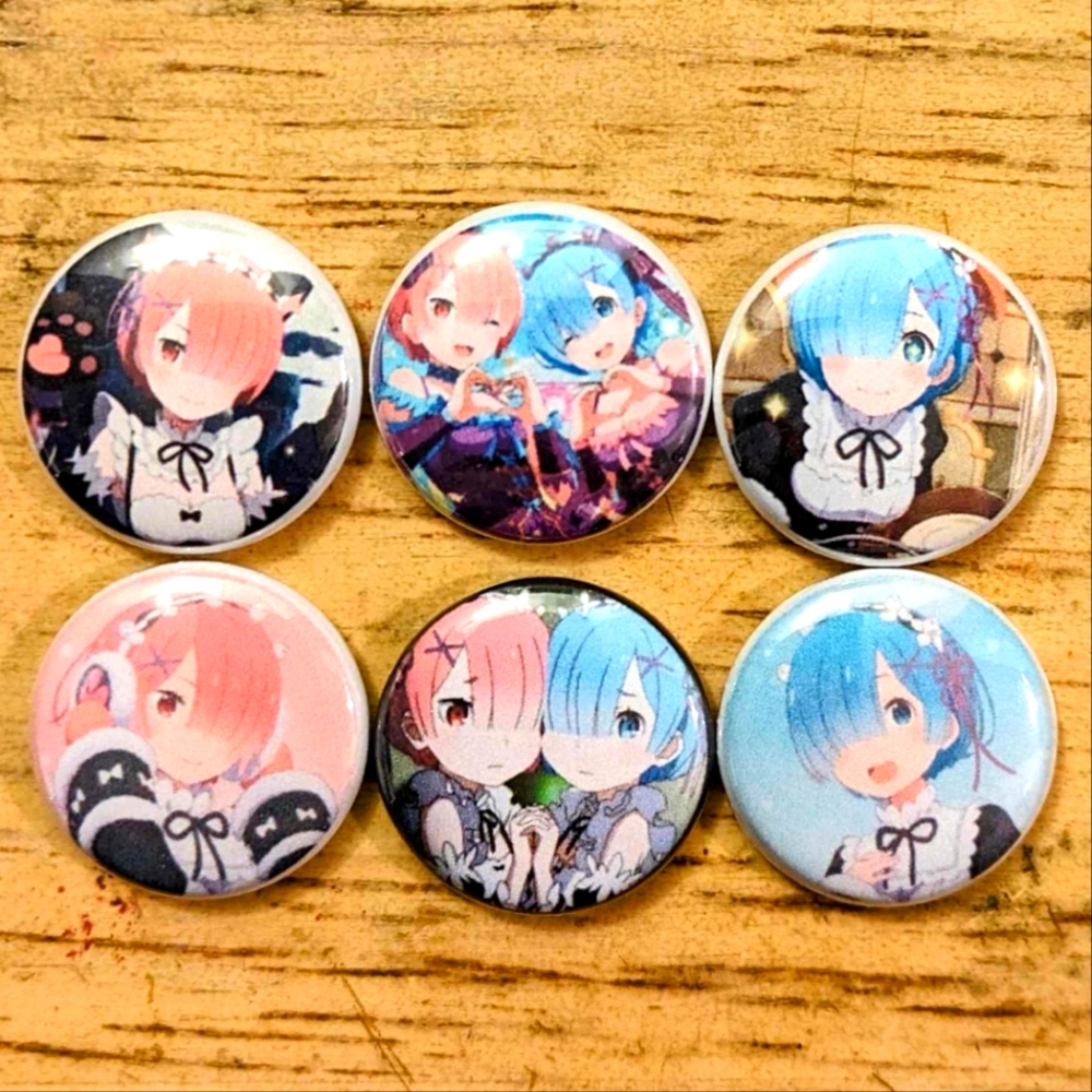 Re:ZERO Rem and Ram 1 inch set of 6 pinback buttons